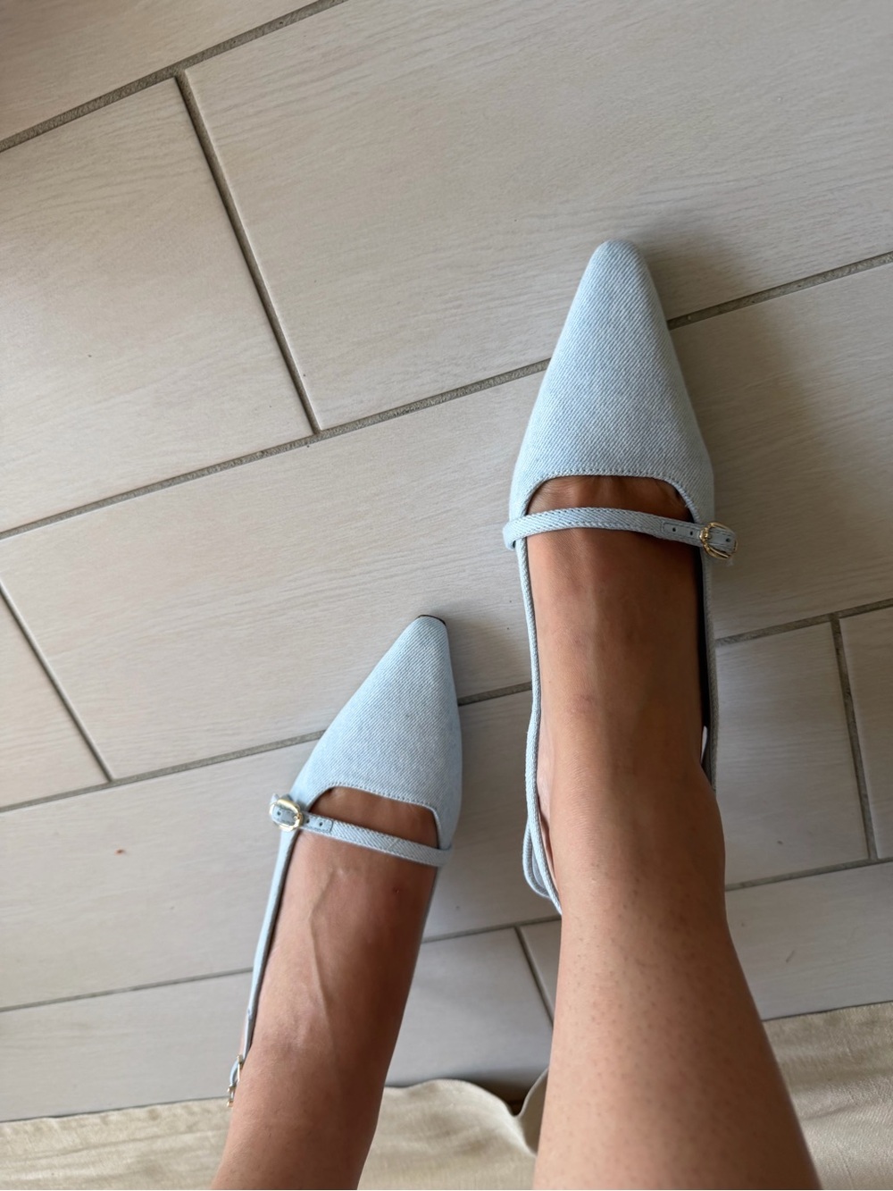 Larroude Pale Blue Pointed Mary Jane Flats